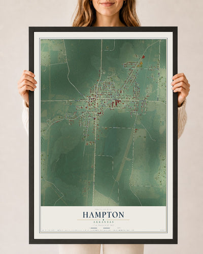 Map of Hampton, Arkansas, 24 x 36 inch print in a black wood frame