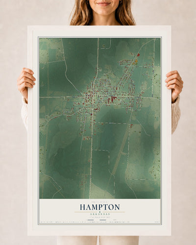 Map of Hampton, Arkansas, 24 x 36 inch print in a white wood frame