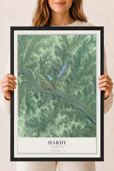 Map of Hardy, Arkansas, 18 x 24 inch print in a black wood frame
