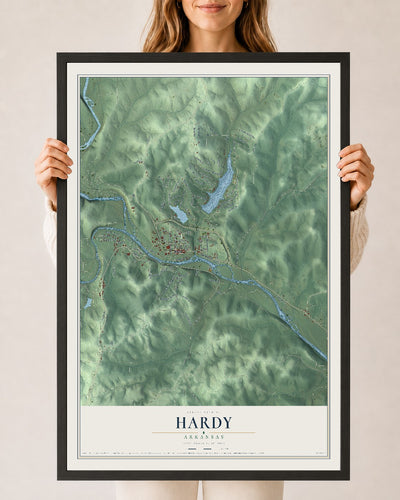 Map of Hardy, Arkansas, 24 x 36 inch print in a black wood frame