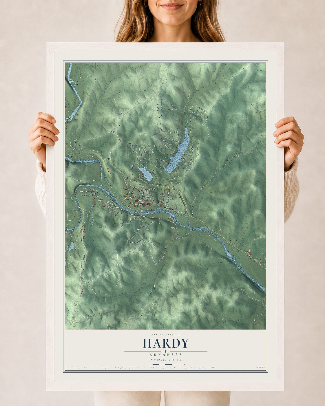 Map of Hardy, Arkansas, 24 x 36 inch print in a white wood frame