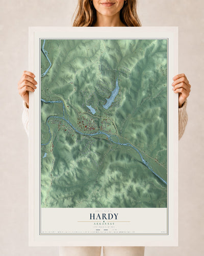 Map of Hardy, Arkansas, 24 x 36 inch print in a white wood frame