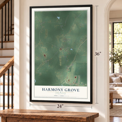 Harmony Grove, Arkansas map, 24 x 36 inch print in a black frame by a staircase