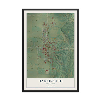 Map of Harrisburg, Arkansas, 12 x 18 inch print in a black wood frame