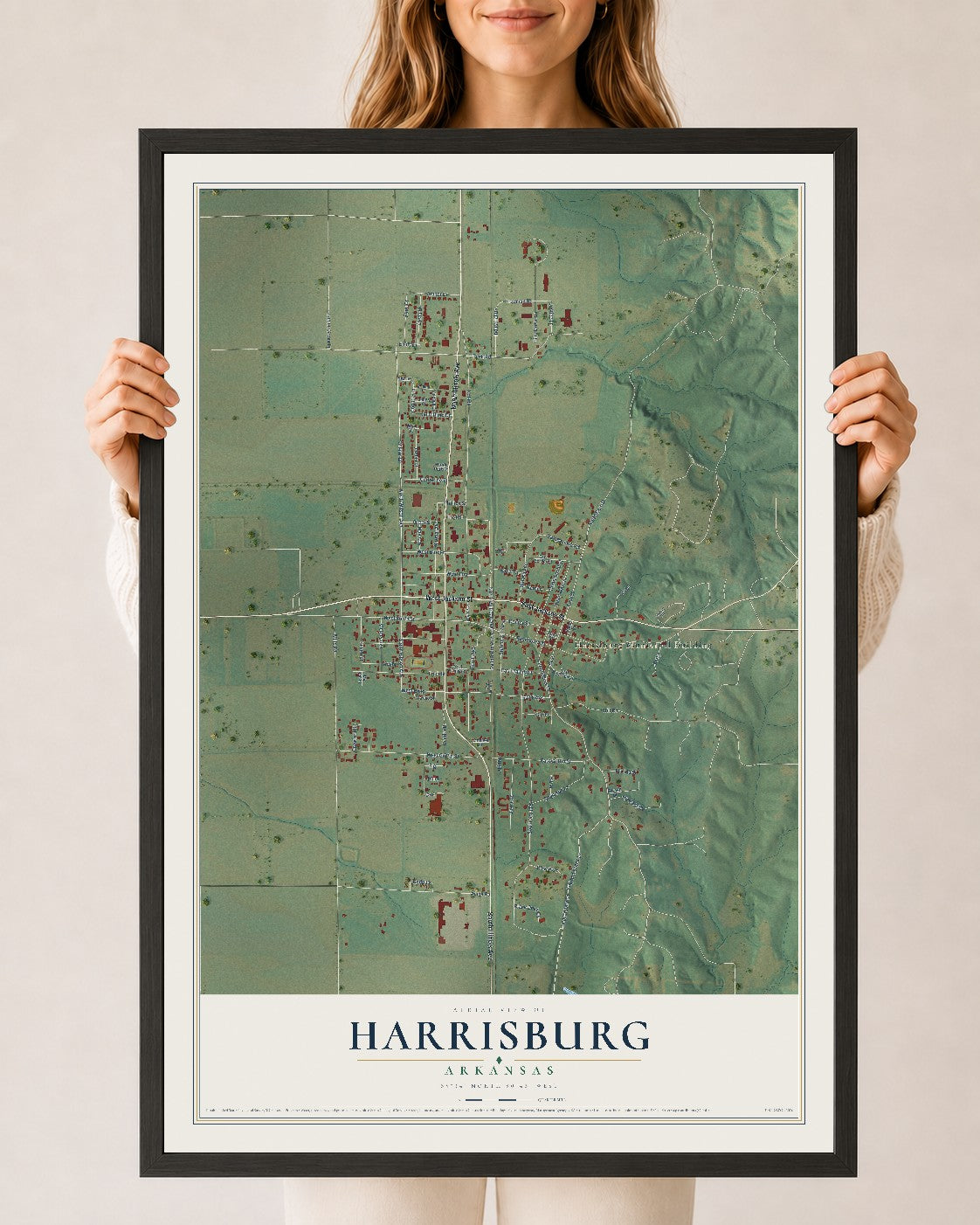 Map of Harrisburg, Arkansas, 24 x 36 inch print in a black wood frame