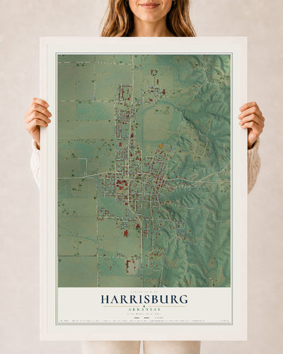 Map of Harrisburg, Arkansas, 24 x 36 inch print in a white wood frame