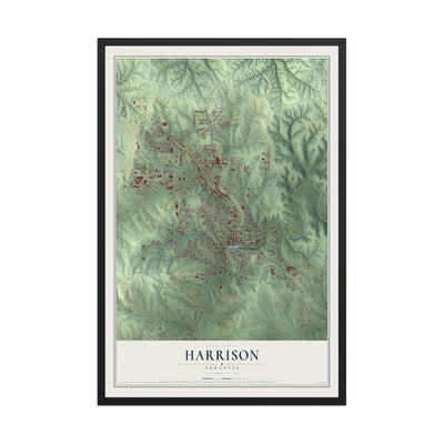 Map of Harrison, Arkansas, 12 x 18 inch print in a black wood frame