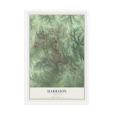 Map of Harrison, Arkansas, 12 x 18 inch print in a white wood frame