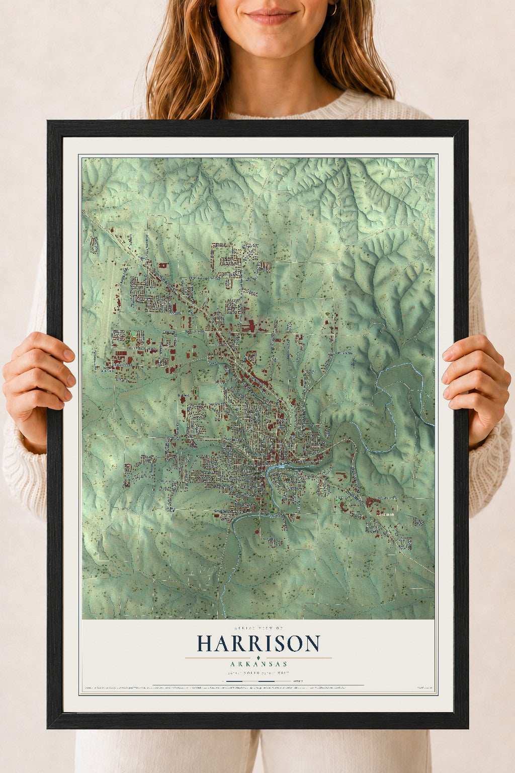 Map of Harrison, Arkansas, 18 x 24 inch print in a black wood frame