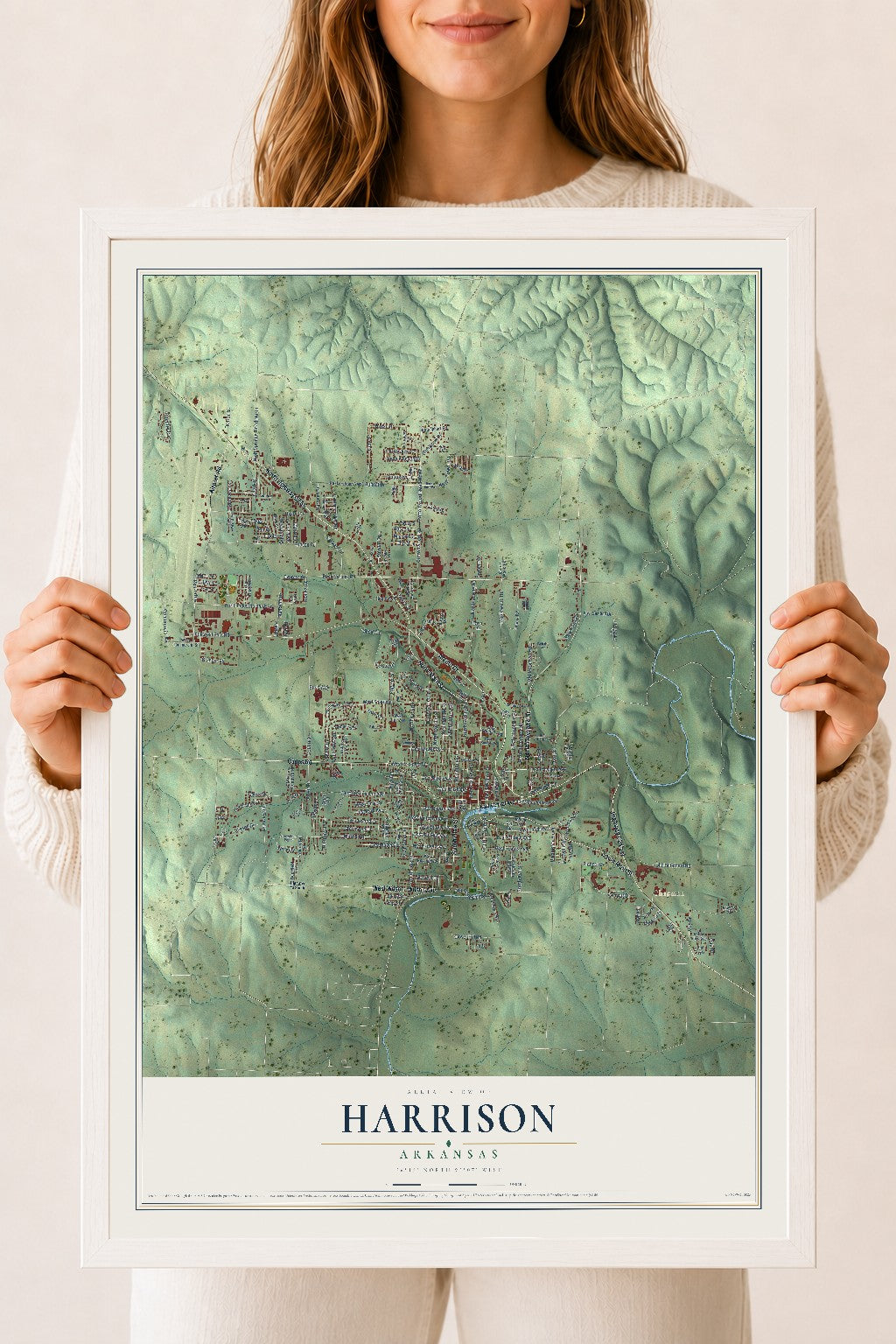Map of Harrison, Arkansas, 18 x 24 inch print in a white wood frame