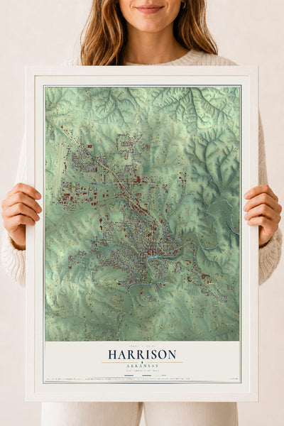 Map of Harrison, Arkansas, 18 x 24 inch print in a white wood frame
