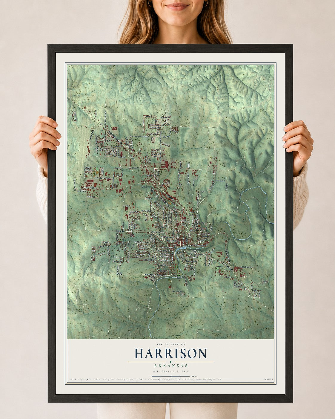 Map of Harrison, Arkansas, 24 x 36 inch print in a black wood frame