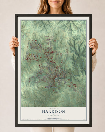Map of Harrison, Arkansas, 24 x 36 inch print in a black wood frame