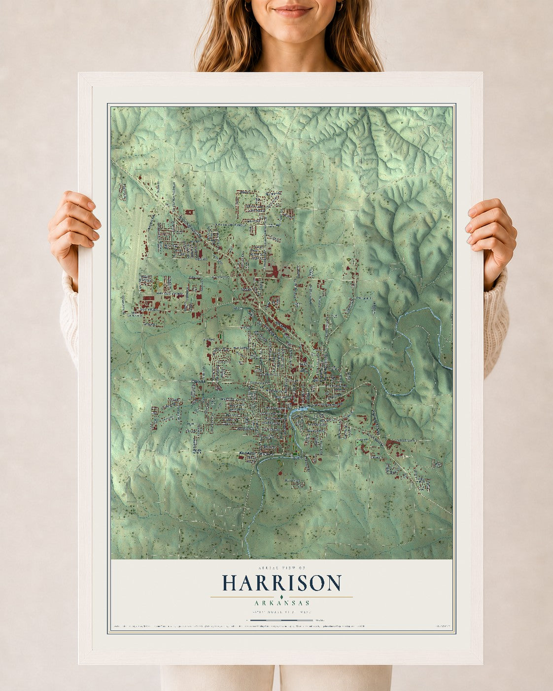 Map of Harrison, Arkansas, 24 x 36 inch print in a white wood frame