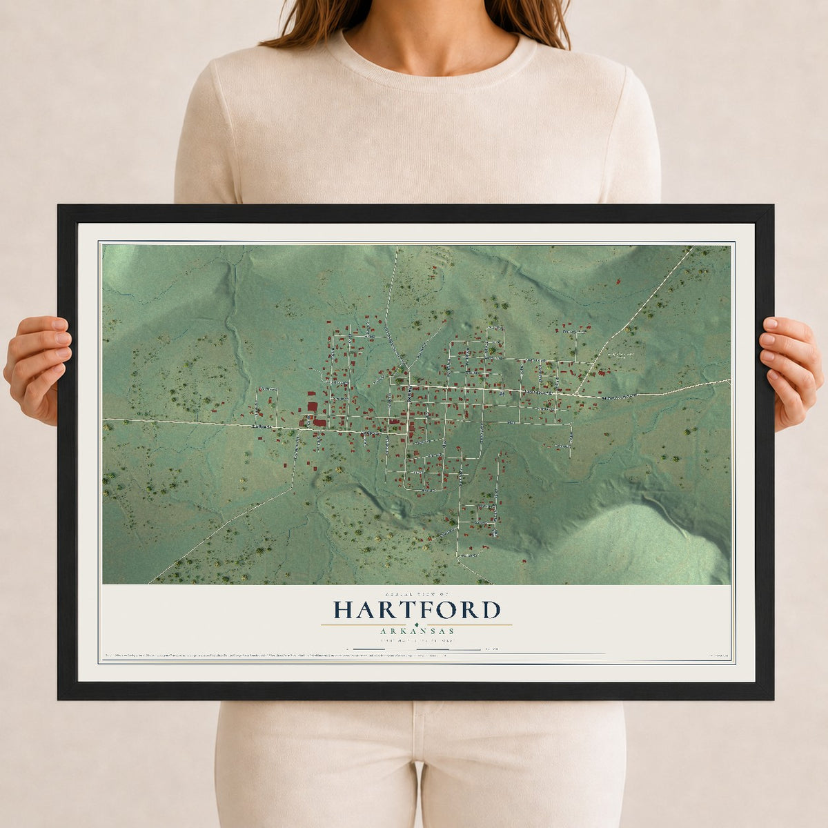 Map of Hartford, Arkansas, 12 x 18 inch print in a black wood frame