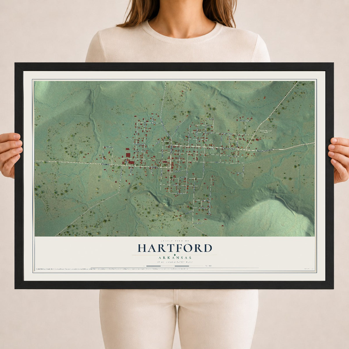 Map of Hartford, Arkansas, 18 x 24 inch print in a black wood frame