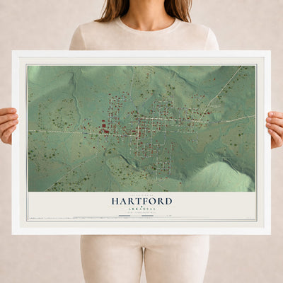 Map of Hartford, Arkansas, 18 x 24 inch print in a white wood frame