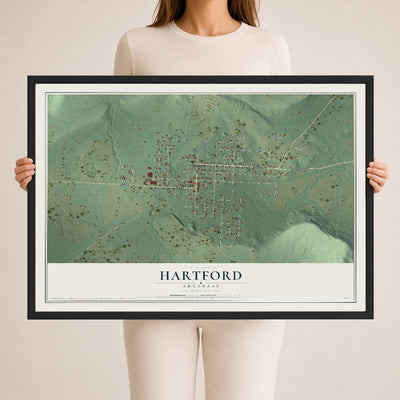 Map of Hartford, Arkansas, 24 x 36 inch print in a black wood frame