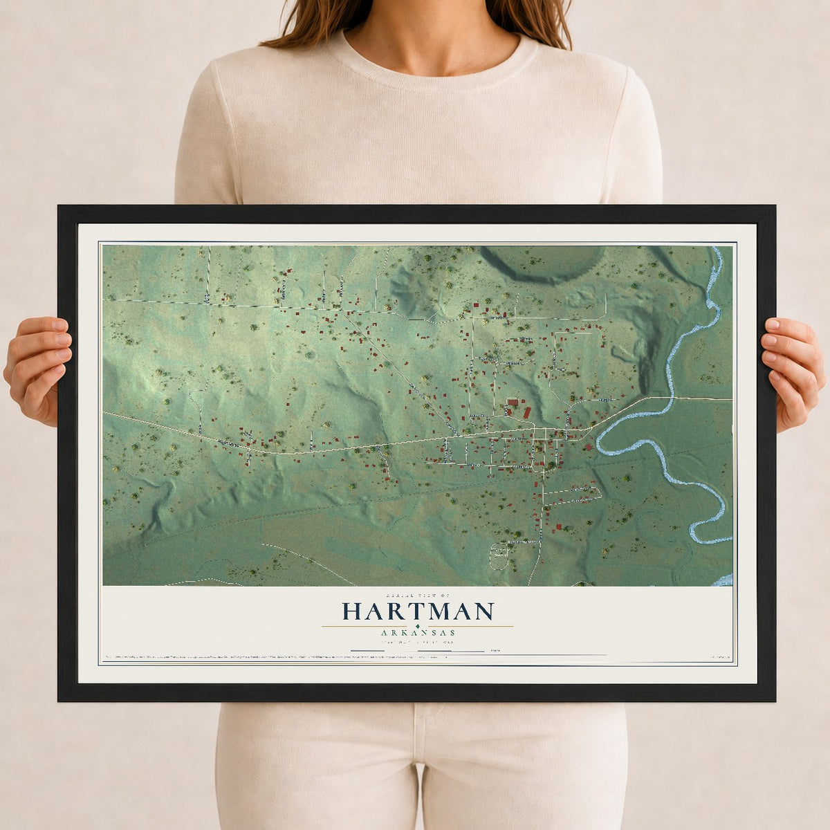 Map of Hartman, Arkansas, 12 x 18 inch print in a black wood frame