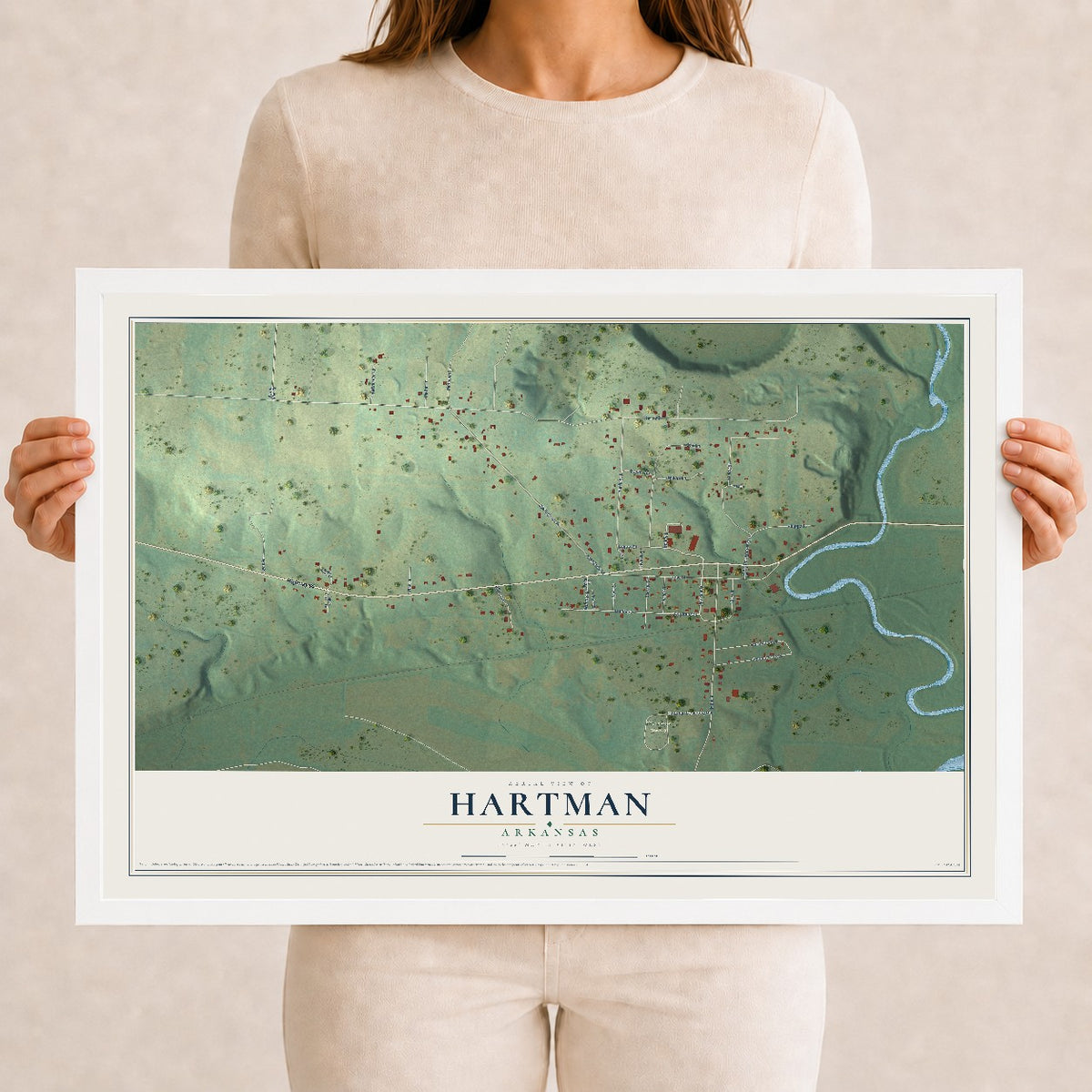 Map of Hartman, Arkansas, 12 x 18 inch print in a white wood frame