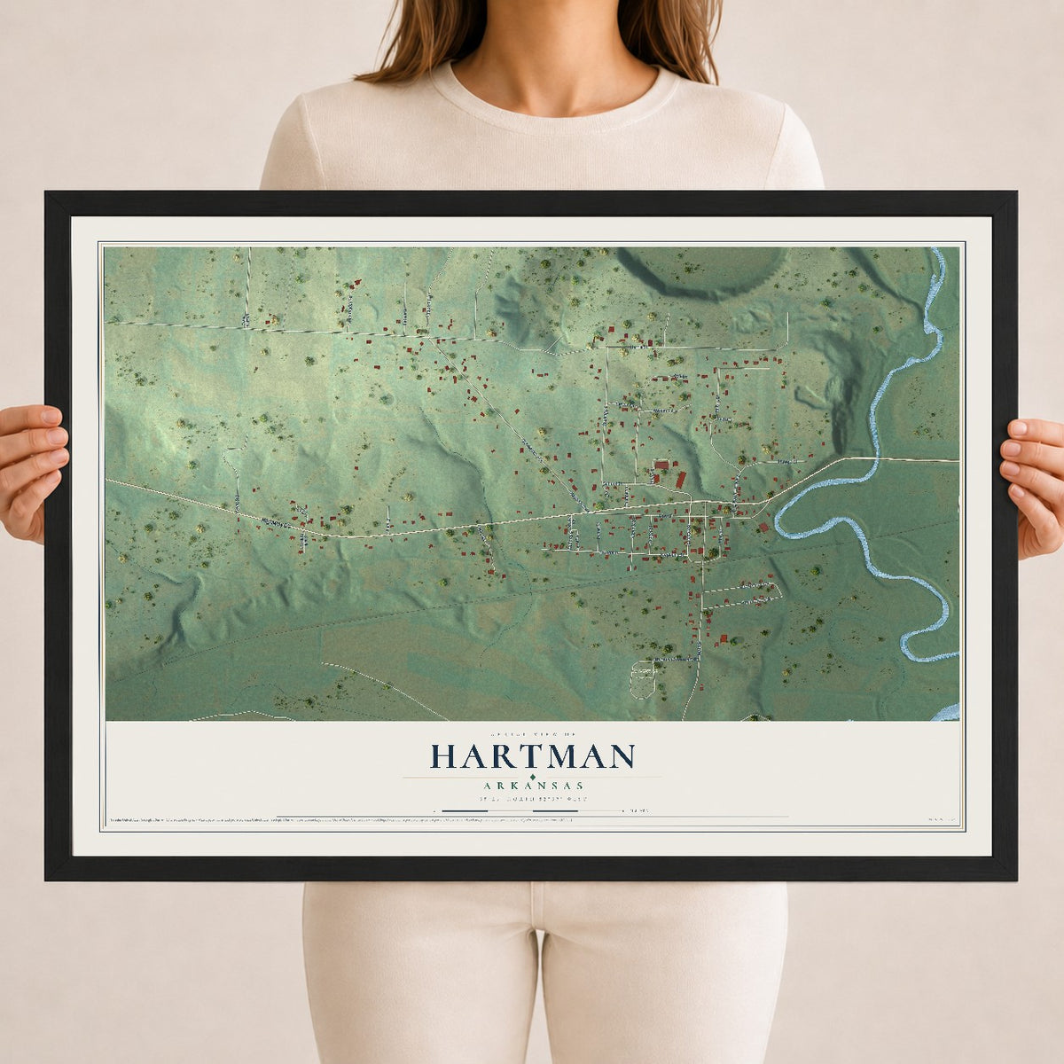 Map of Hartman, Arkansas, 18 x 24 inch print in a black wood frame