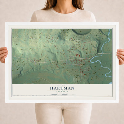 Map of Hartman, Arkansas, 18 x 24 inch print in a white wood frame
