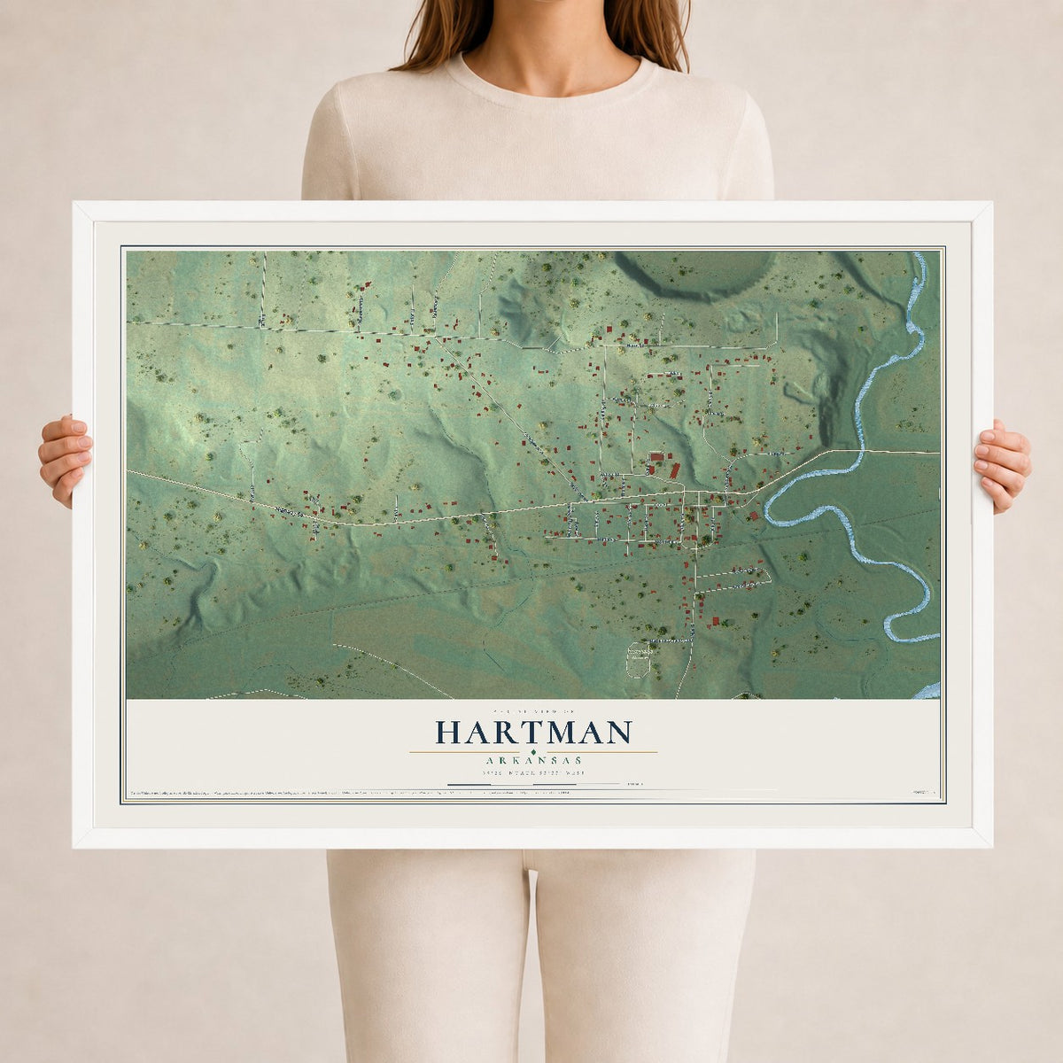 Map of Hartman, Arkansas, 24 x 36 inch print in a white wood frame