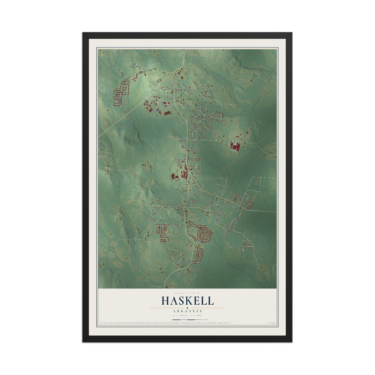 Map of Haskell, Arkansas, 12 x 18 inch print in a black wood frame
