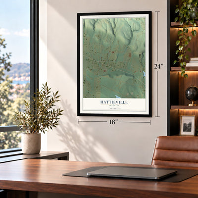 Hattieville, Arkansas map, 18 x 24 inch print in a black frame in a home office