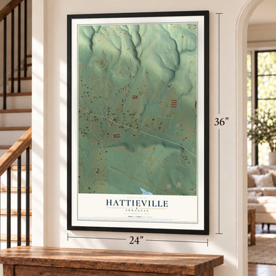 Hattieville, Arkansas map, 24 x 36 inch print in a black frame by a staircase
