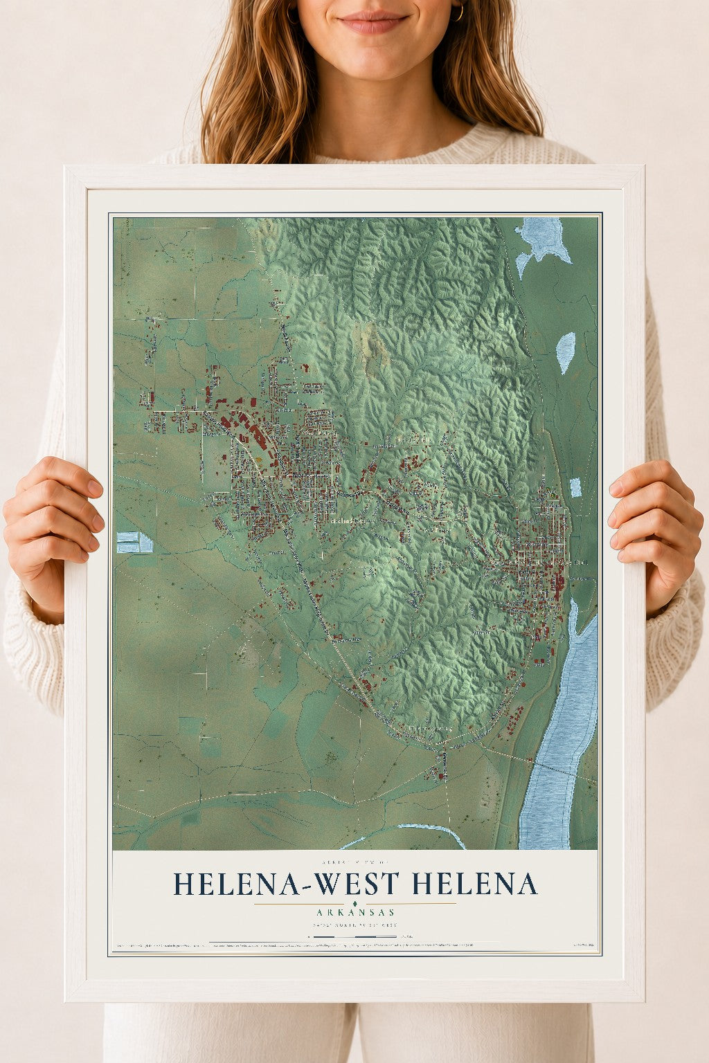 Map of Helena-West Helena, Arkansas, 18 x 24 inch print in a white wood frame