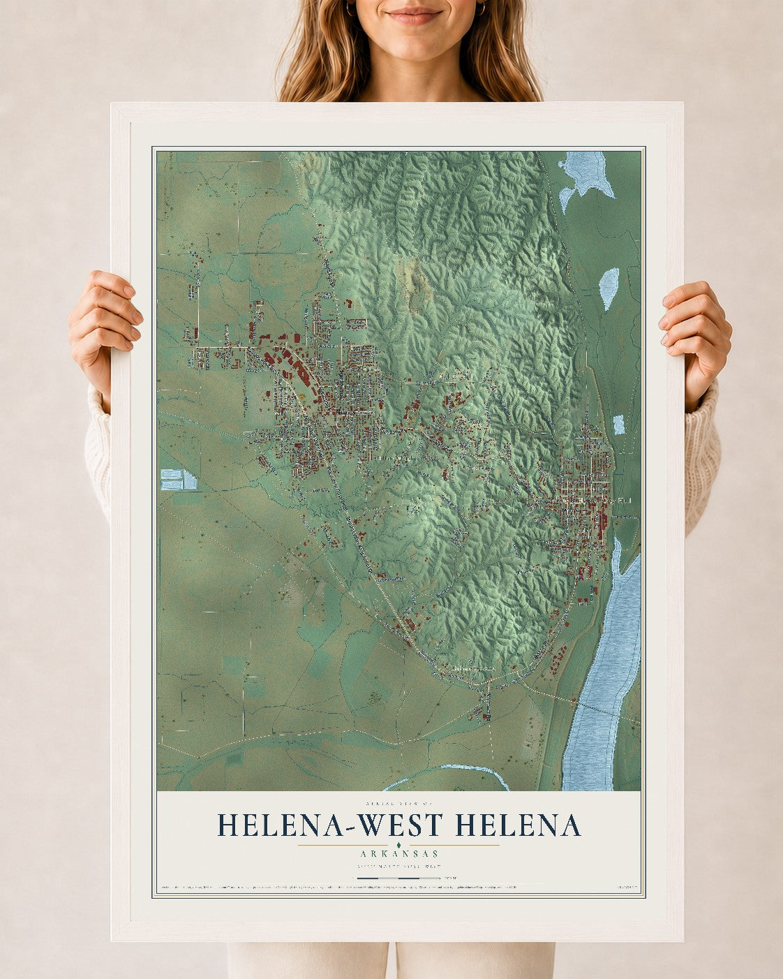 Map of Helena-West Helena, Arkansas, 24 x 36 inch print in a white wood frame