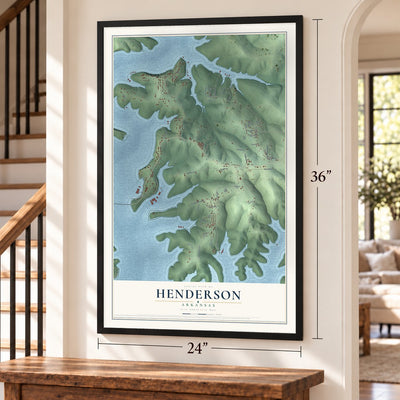 Henderson, Arkansas map, 24 x 36 inch print in a black frame by a staircase