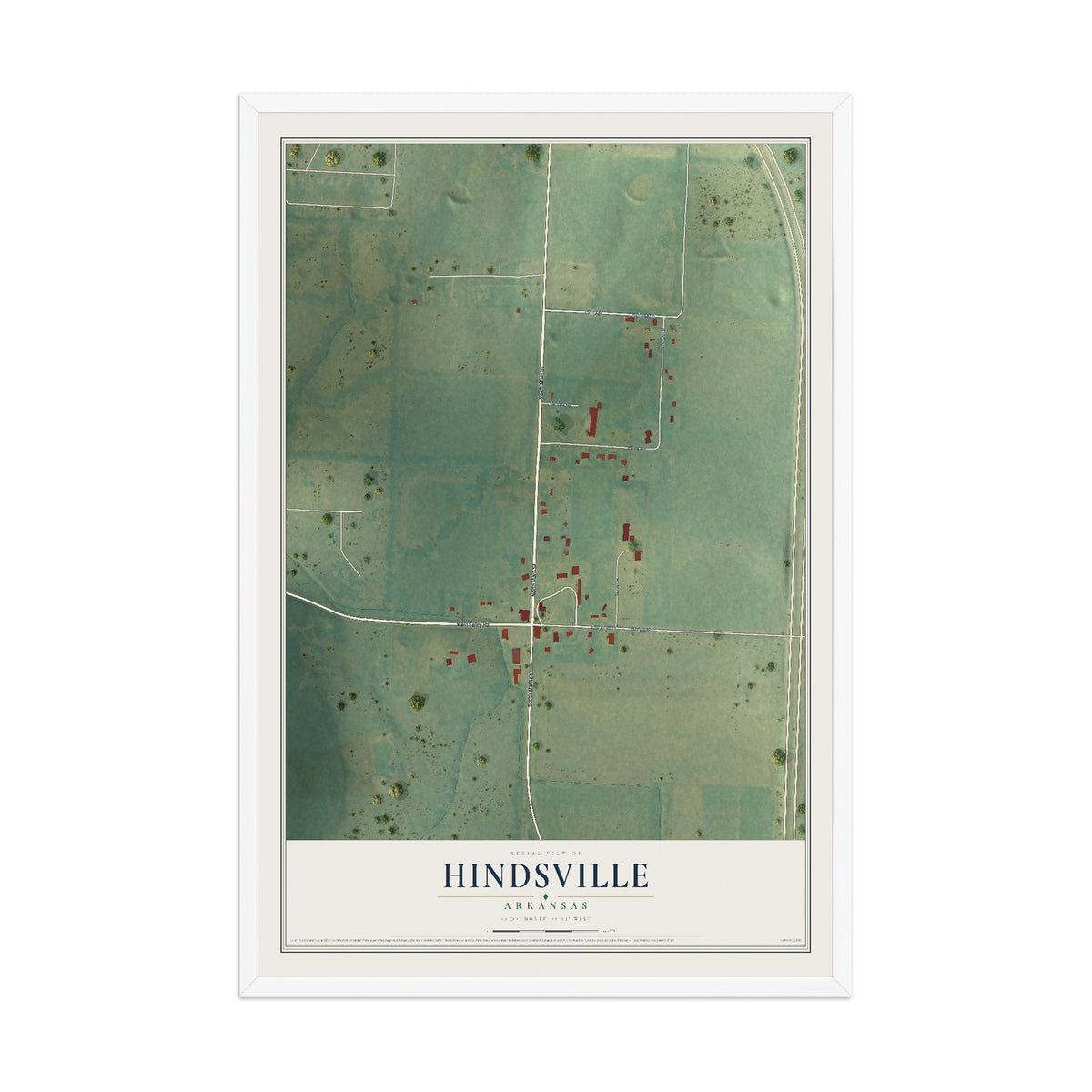 Map of Hindsville, Arkansas, 12 x 18 inch print in a white wood frame