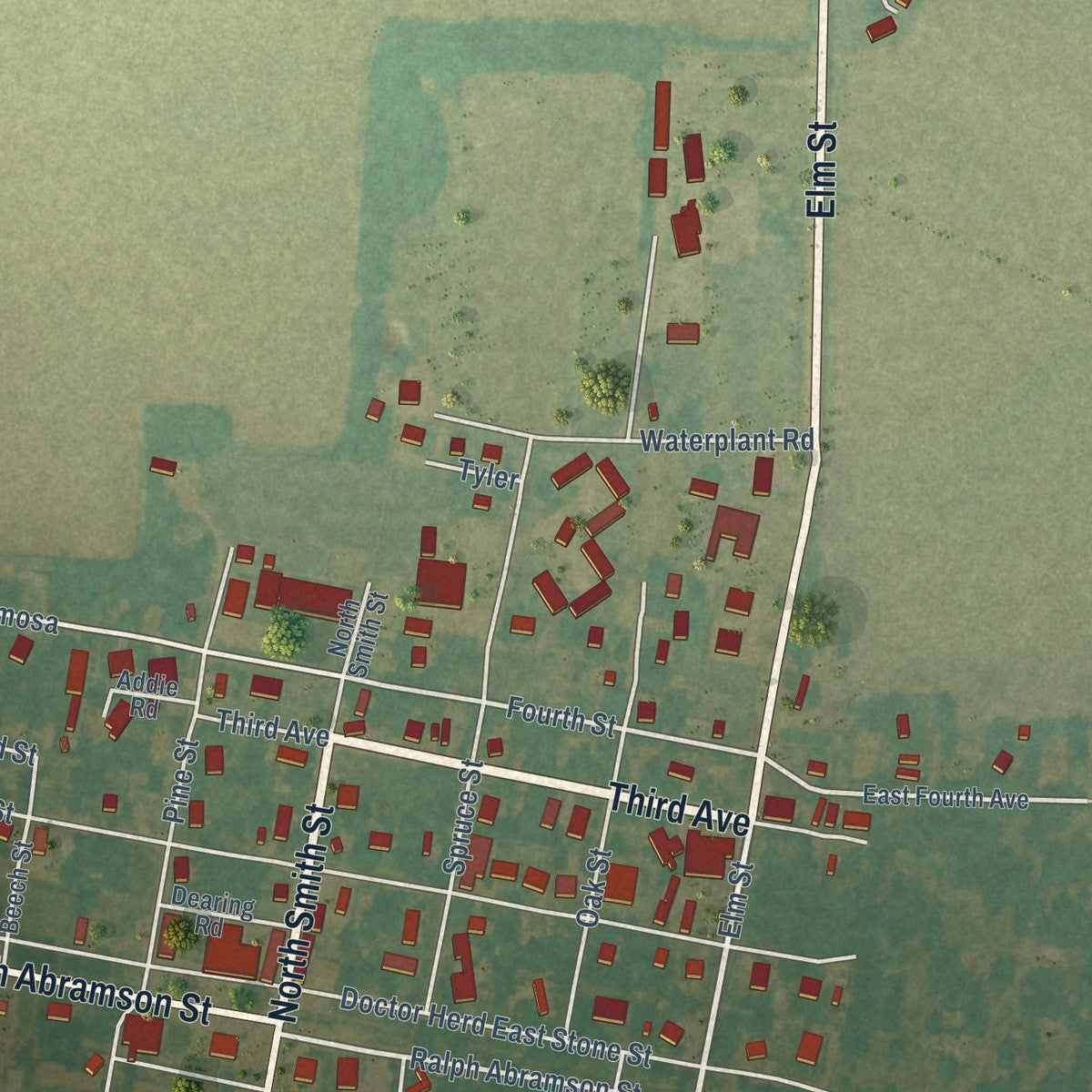 Close-up of the map of Holly Grove, Arkansas print showing street and building detail