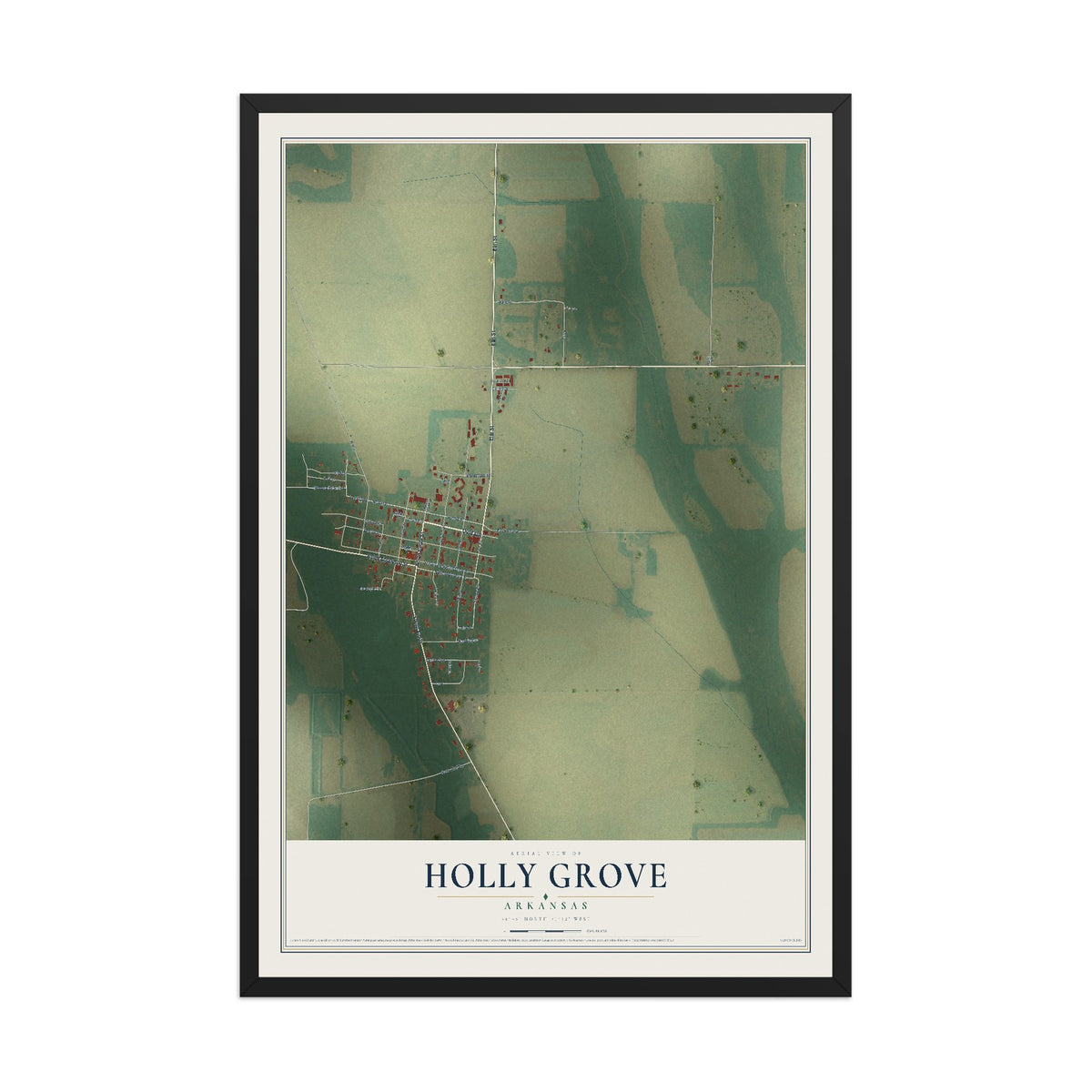 Map of Holly Grove, Arkansas, 12 x 18 inch print in a black wood frame