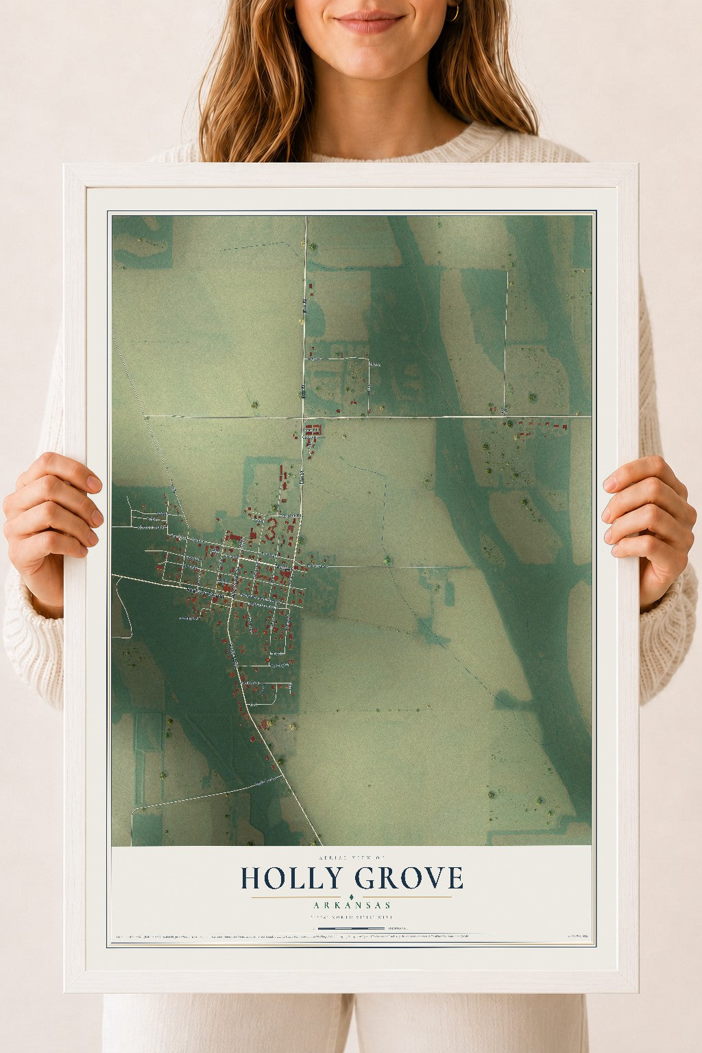 Map of Holly Grove, Arkansas, 18 x 24 inch print in a white wood frame