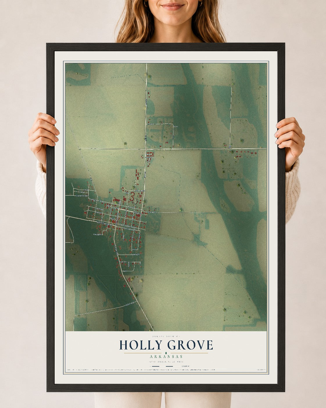 Map of Holly Grove, Arkansas, 24 x 36 inch print in a black wood frame