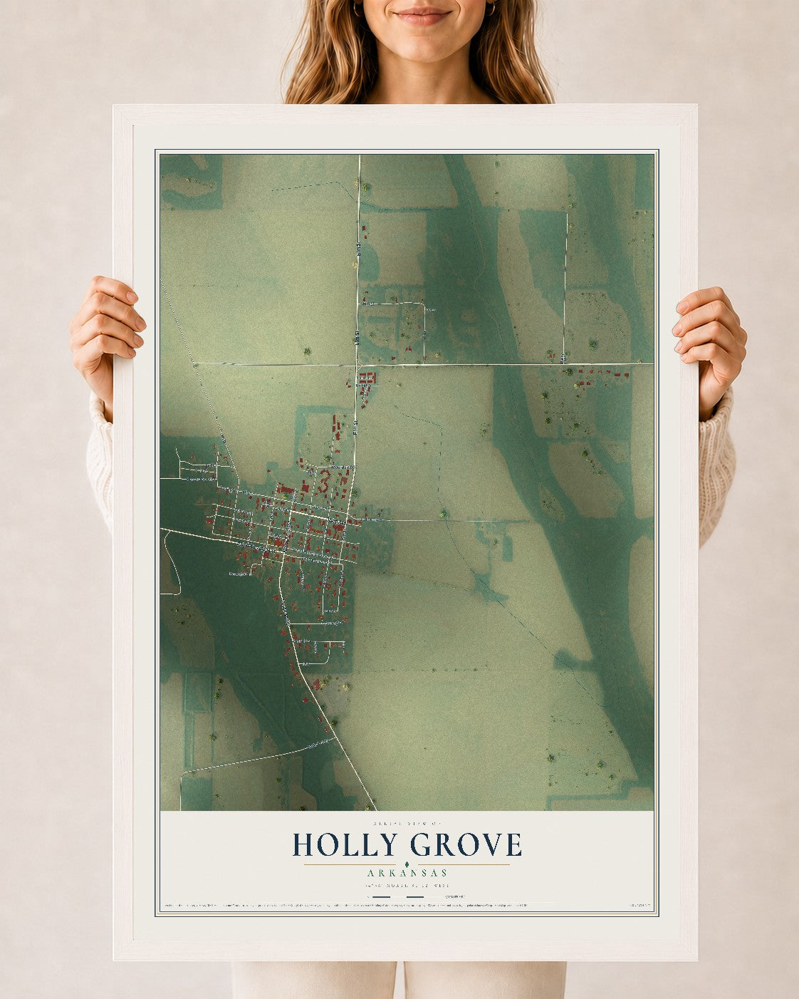 Map of Holly Grove, Arkansas, 24 x 36 inch print in a white wood frame