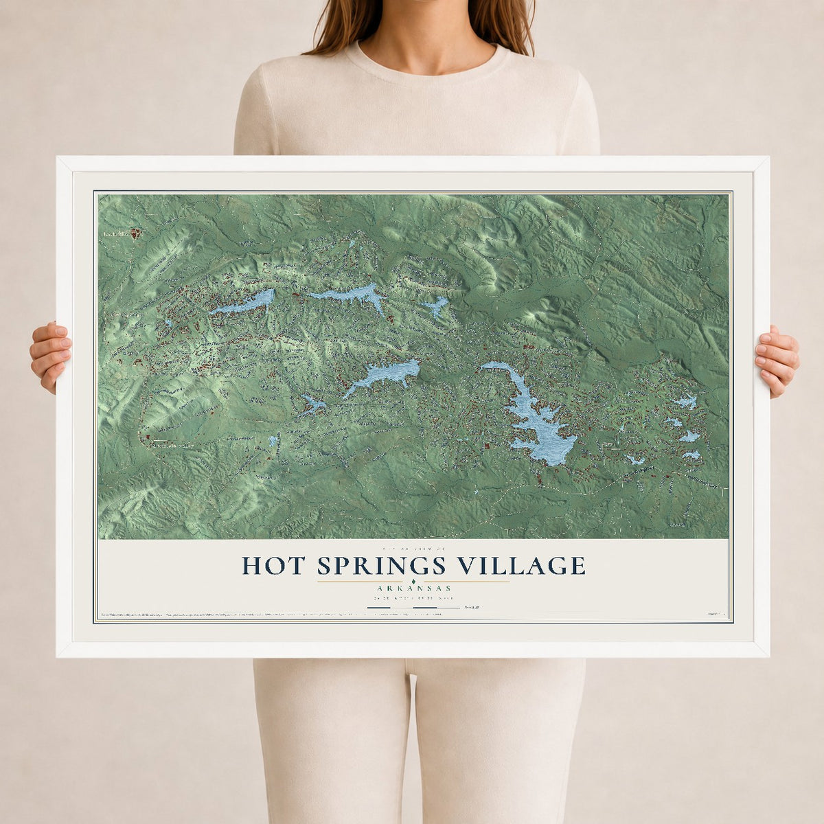 Map of Hot Springs Village, Arkansas, 24 x 36 inch print in a white wood frame