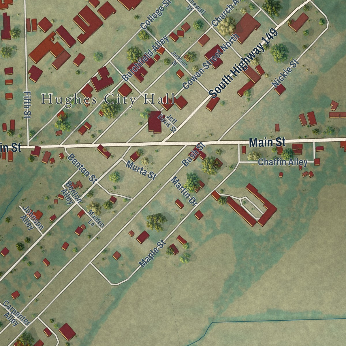 Close-up of the map of Hughes, Arkansas print showing street and building detail
