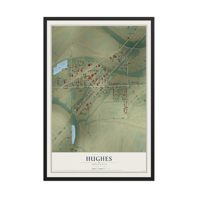 Map of Hughes, Arkansas, 12 x 18 inch print in a black wood frame