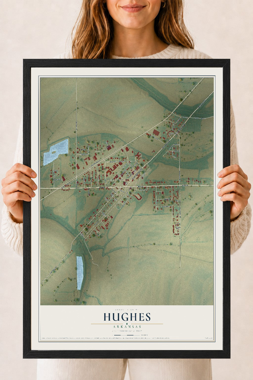 Map of Hughes, Arkansas, 18 x 24 inch print in a black wood frame