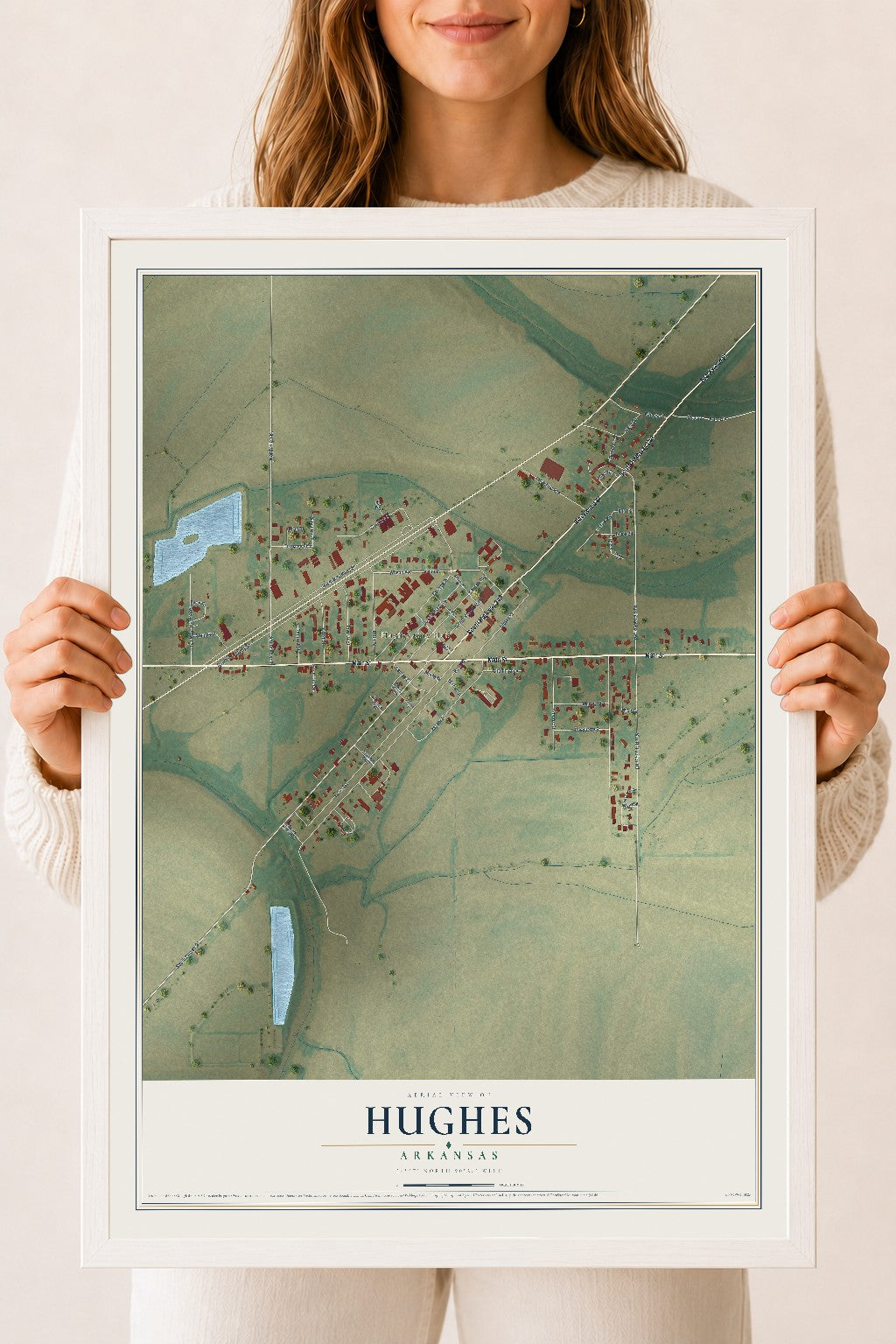Map of Hughes, Arkansas, 18 x 24 inch print in a white wood frame