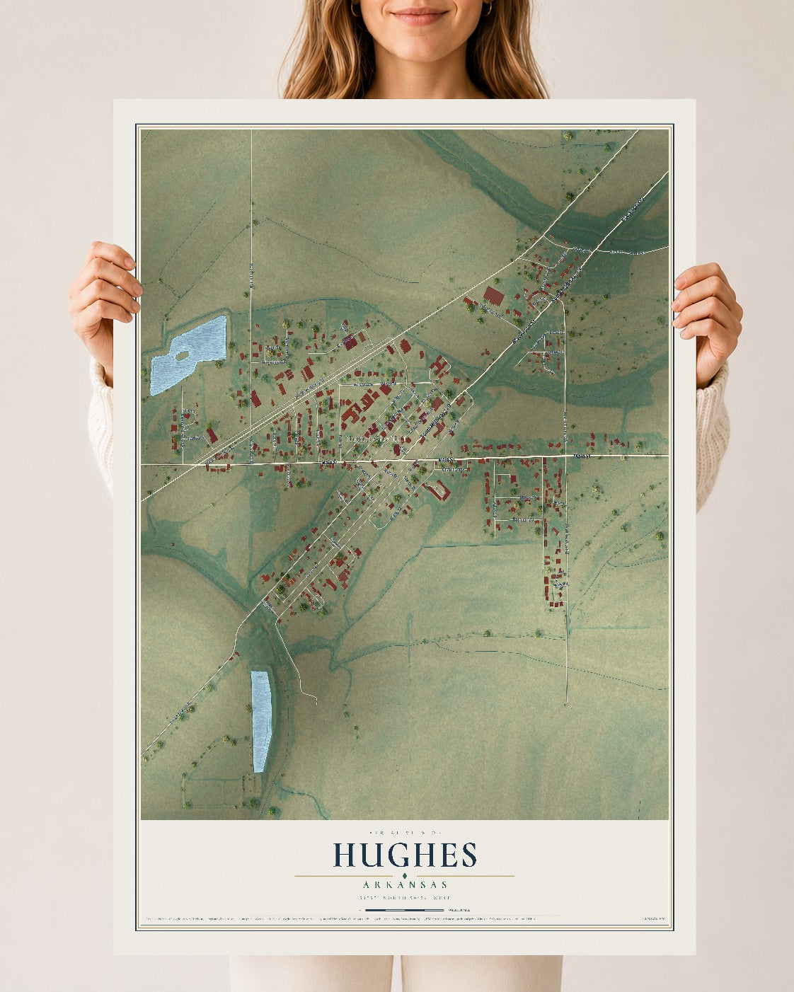 Map of Hughes, Arkansas, 24 x 36 inch unframed archival matte print