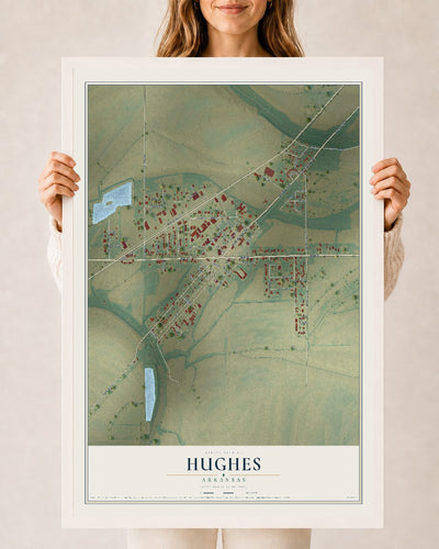 Map of Hughes, Arkansas, 24 x 36 inch print in a white wood frame