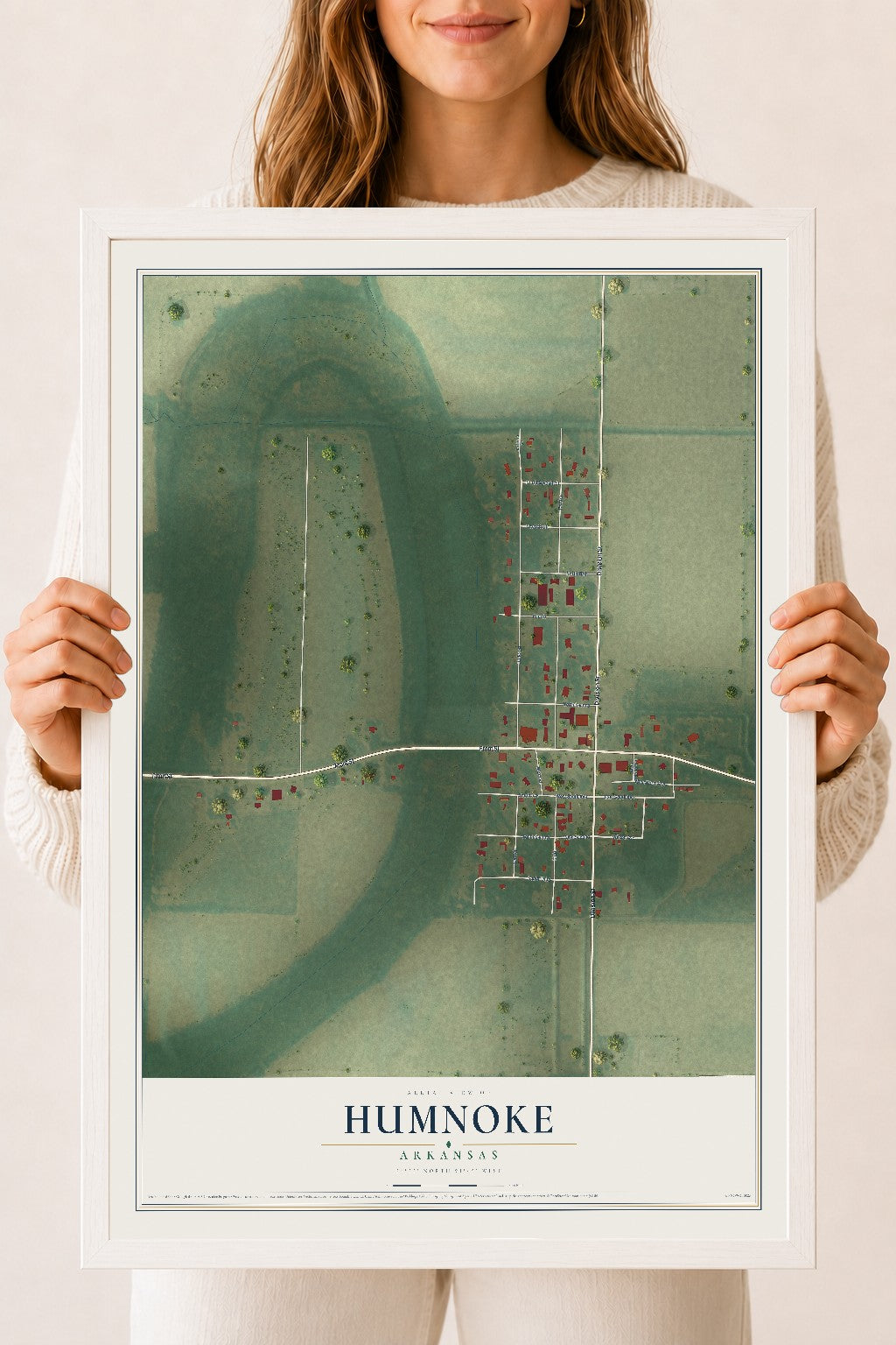Map of Humnoke, Arkansas, 18 x 24 inch print in a white wood frame