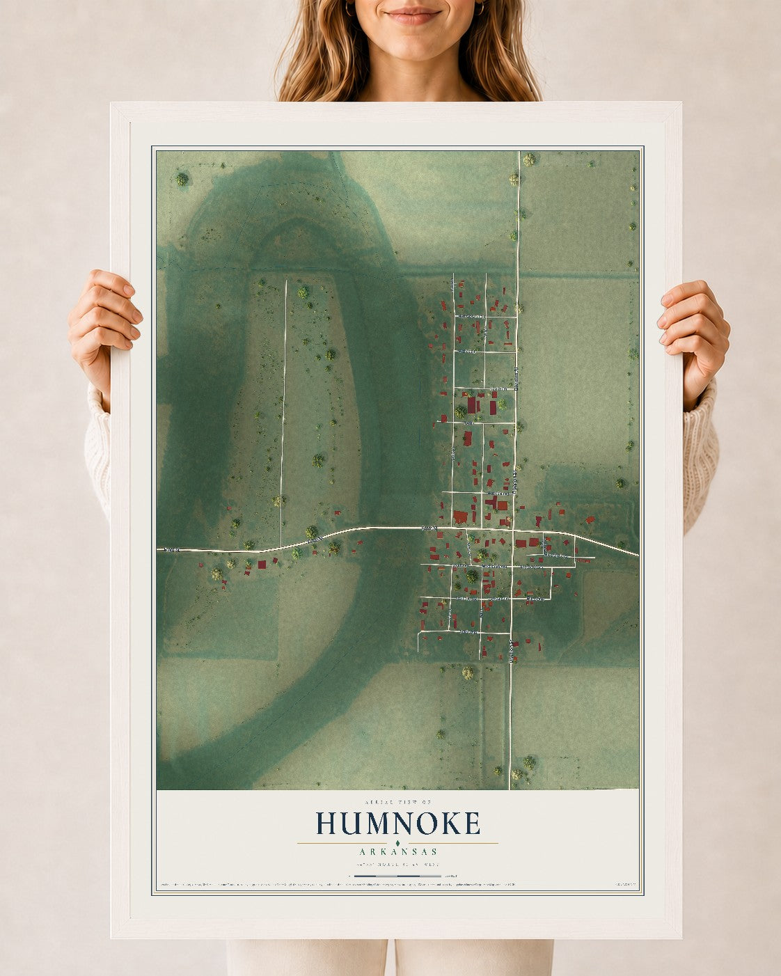 Map of Humnoke, Arkansas, 24 x 36 inch print in a white wood frame