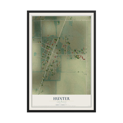 Map of Hunter, Arkansas, 12 x 18 inch print in a black wood frame