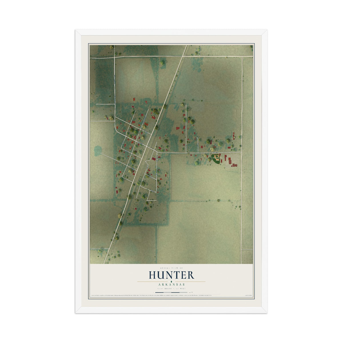 Map of Hunter, Arkansas, 12 x 18 inch print in a white wood frame